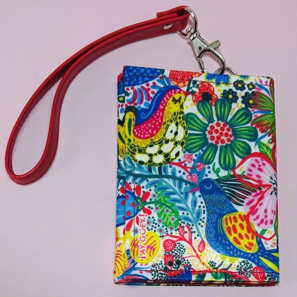 ¡Ay Güey! Nylon Trifold Wristlet Wallet Colorful Red Otomi-Inspired Birds Floral